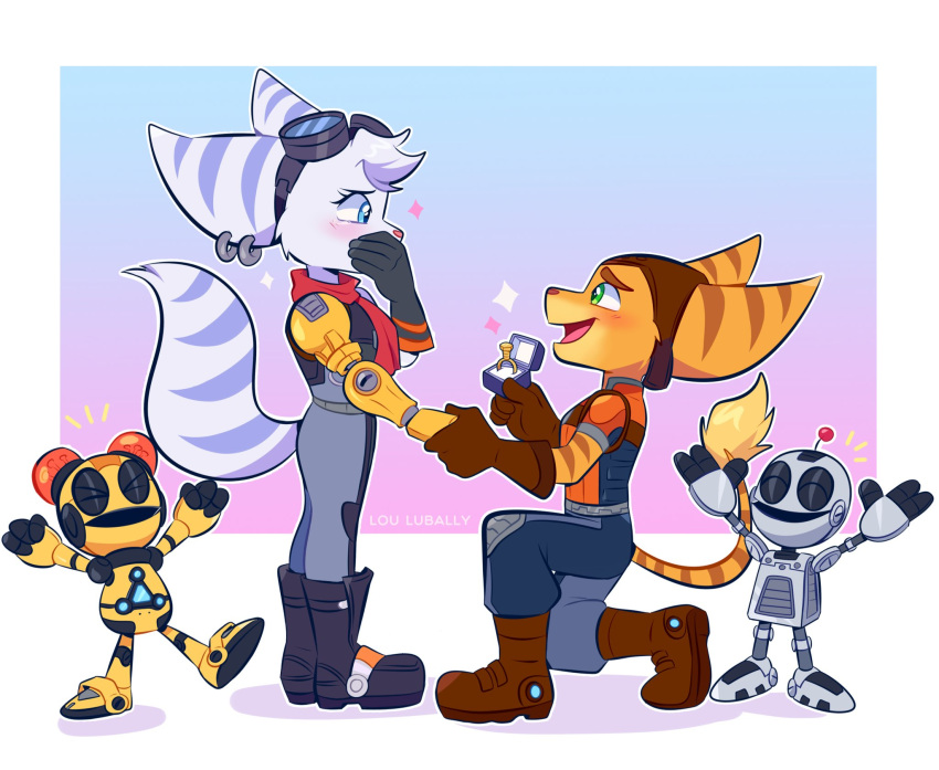 anthro automaton clank_(ratchet_and_clank) digit_ring duo female fur happy hi_res jewelry kit_(ratchet_and_clank) kneeling lombax lou_lubally machine male male/female mammal proposal prosthetic prosthetic_arm prosthetic_limb ratchet ratchet_and_clank ring rivet_(ratchet_and_clank) robot robotic_arm romantic romantic_couple sony_corporation sony_interactive_entertainment striped_body striped_fur stripes wedding_ring