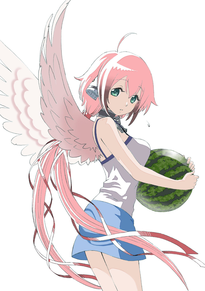 1girl ahoge angel_wings bare_shoulders black_hair blue_shorts camisole chain collar feathered_wings food from_side fruit gradient_hair green_eyes hair_between_eyes hair_ribbon highres ikaros jigoku_keisatsu long_hair looking_at_viewer low_twintails metal_collar multicolored_hair parted_lips pink_hair red_ribbon ribbon robot_ears shorts simple_background solo sora_no_otoshimono twintails very_long_hair watermelon white_background white_camisole white_wings wings