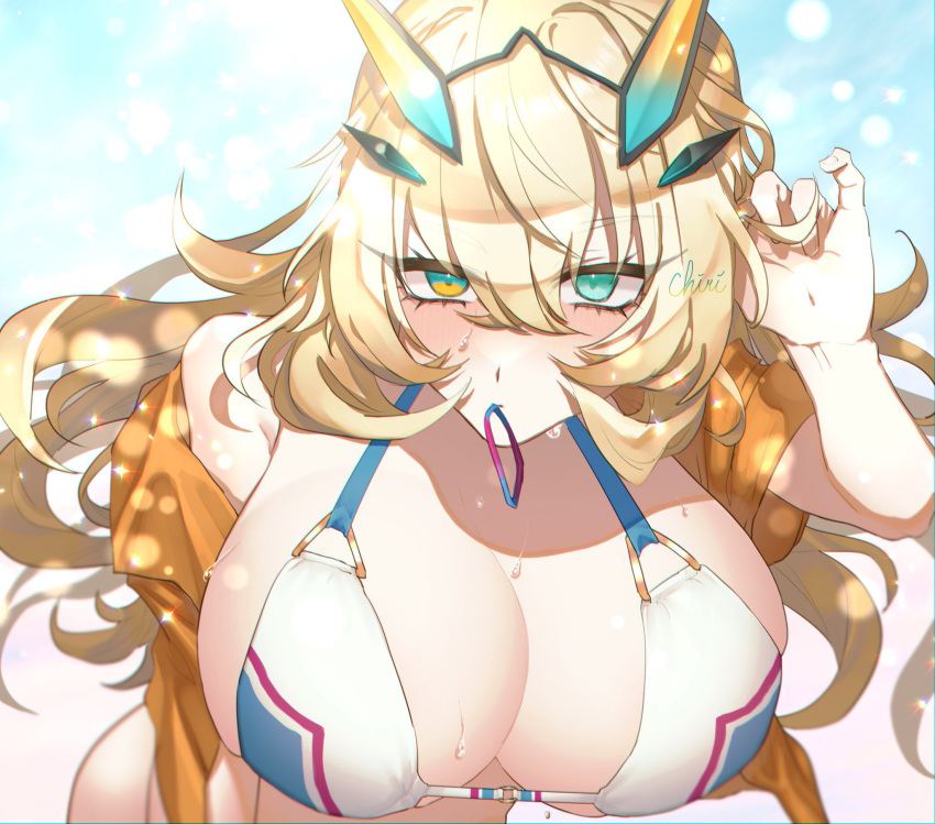 1girl bare_shoulders barghest_(fate) barghest_(swimsuit_archer)_(fate) bikini blonde_hair blue_sky blush breasts chiri_214 cleavage collarbone fate/grand_order fate_(series) green_eyes highres horns huge_breasts long_hair looking_at_viewer multicolored_bikini multicolored_clothes off_shoulder open_clothes open_shirt orange_shirt shirt short_sleeves sky solo sparkle swimsuit thighs wet white_bikini