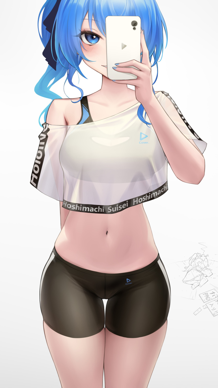 1girl absurdres arm_behind_back bike_shorts black_bra black_shorts black_sports_bra blue_eyes blue_hair blue_nails bra breasts cellphone character_name chibi chibi_inset clothes_writing commentary covering_one_eye crop_top crop_top_overhang cropped_shirt fingernails groin highres holding holding_phone hololive hololive_dance_practice_uniform hoshimachi_suisei light_blush looking_at_viewer medium_breasts medium_hair nail_polish navel official_alternate_hair_length official_alternate_hairstyle open_mouth phone sakura_miko see-through see-through_shirt shirt shirt_overhang shorts side_ponytail simple_background single_off_shoulder smartphone smile solo somebody_(leiking00) sports_bra sports_bra_peek standing star_(symbol) star_in_eye symbol_in_eye t-shirt taking_picture teeth thigh_gap thighs underwear virtual_youtuber white_background white_shirt workout_clothes