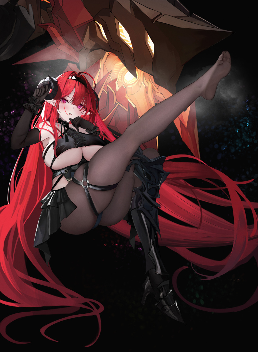 1girl absurdly_long_hair absurdres armored_boots ass azur_lane bare_shoulders black_dress black_footwear black_gloves black_horns boots breasts brown_pantyhose center_frills clothing_cutout curled_horns demon_girl demon_wings dress elbow_gloves frills full_body gloves high_heels highres hindenburg_(azur_lane) horns huge_breasts knee_boots long_hair looking_at_viewer non-humanoid_robot pantyhose pink_pupils pointy_ears purple_eyes red_eyes red_hair robot robot_dragon single_knee_boot skirt slit solo thigh_strap underboob underboob_cutout very_long_hair wings zhanggong