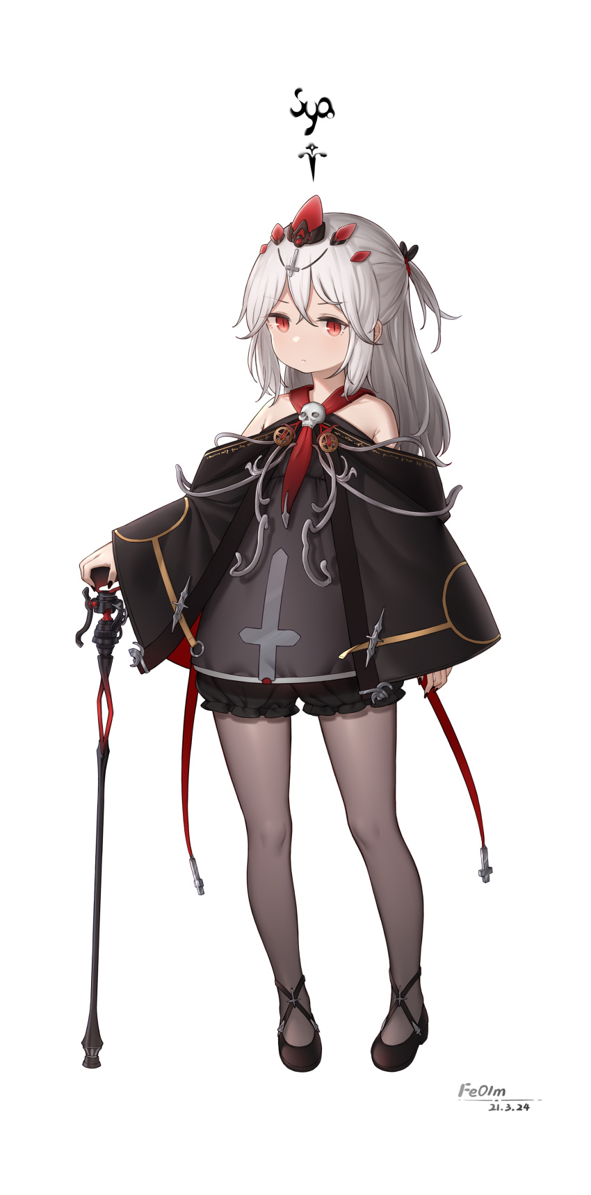 1girl absurdres artist_name black_bloomers black_pantyhose cane dated full_body grey_hair hair_between_eyes half_updo headpiece highres koebushi_(mat) long_hair neckerchief one_side_up original pantyhose red_eyes simple_background skull_ornament solo standing white_background