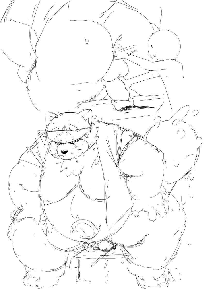 2023 absurd_res anthro balls belly big_belly canid canine duo fingering genitals hi_res humanoid_hands kemono lifewonders live_a_hero male mammal moobs overweight overweight_male penis raccoon_dog shoen size_difference sketch takotyutyu tanuki