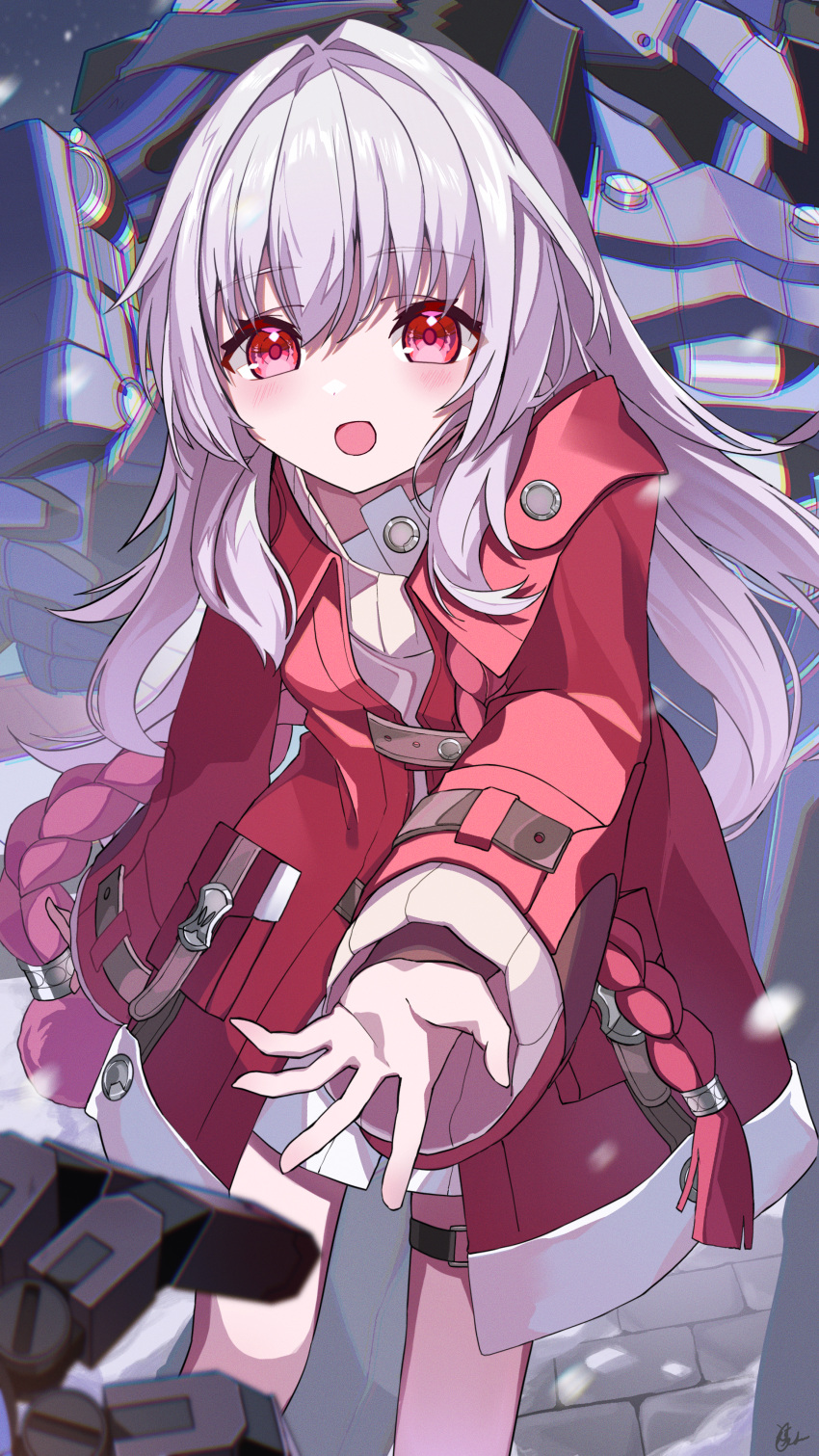 1boy 1girl absurdres clara_(honkai:_star_rail) coat esu_3101 grey_hair hair_between_eyes highres honkai:_star_rail honkai_(series) jacket long_hair long_sleeves looking_at_viewer open_mouth red_coat red_eyes red_jacket robot sidelocks skirt svarog_(honkai:_star_rail) thigh_strap white_hair