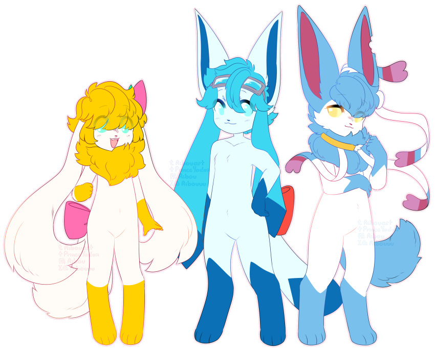 3_toes 4_fingers aibou alpha_channel anthro ashley_(shaymin) blue_body blue_eyes blue_fur blue_hair bow_ribbon cel_(glaceon) collar eeveelution eyewear eyewear_on_head feet female fingers flower fur generation_4_pokemon generation_6_pokemon glaceon goggles goggles_on_head group hair hi_res legendary_pokemon long_ears looking_at_viewer male neck_tuft nintendo open_mouth plant pokemon pokemon_(species) pose sai_(sylveon) shaymin shiny_pokemon simple_background sky_forme_shaymin smile sylveon teeth toes tongue transparent_background trio tuft yellow_body yellow_eyes yellow_fur