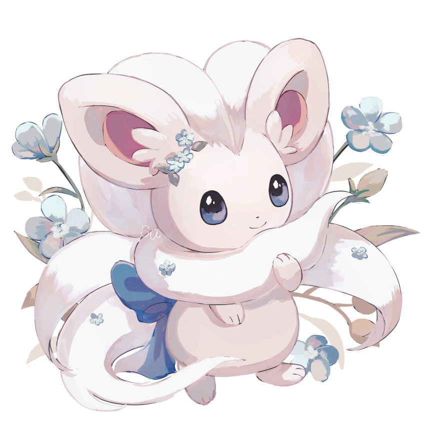 absurdres animal_hands black_eyes blue_bow blue_bowtie bow bowtie cinccino commentary_request dot_nose flower highres no_humans pokemon pokemon_(creature) simple_background smile solo su_(sajo_su5) white_background white_fur