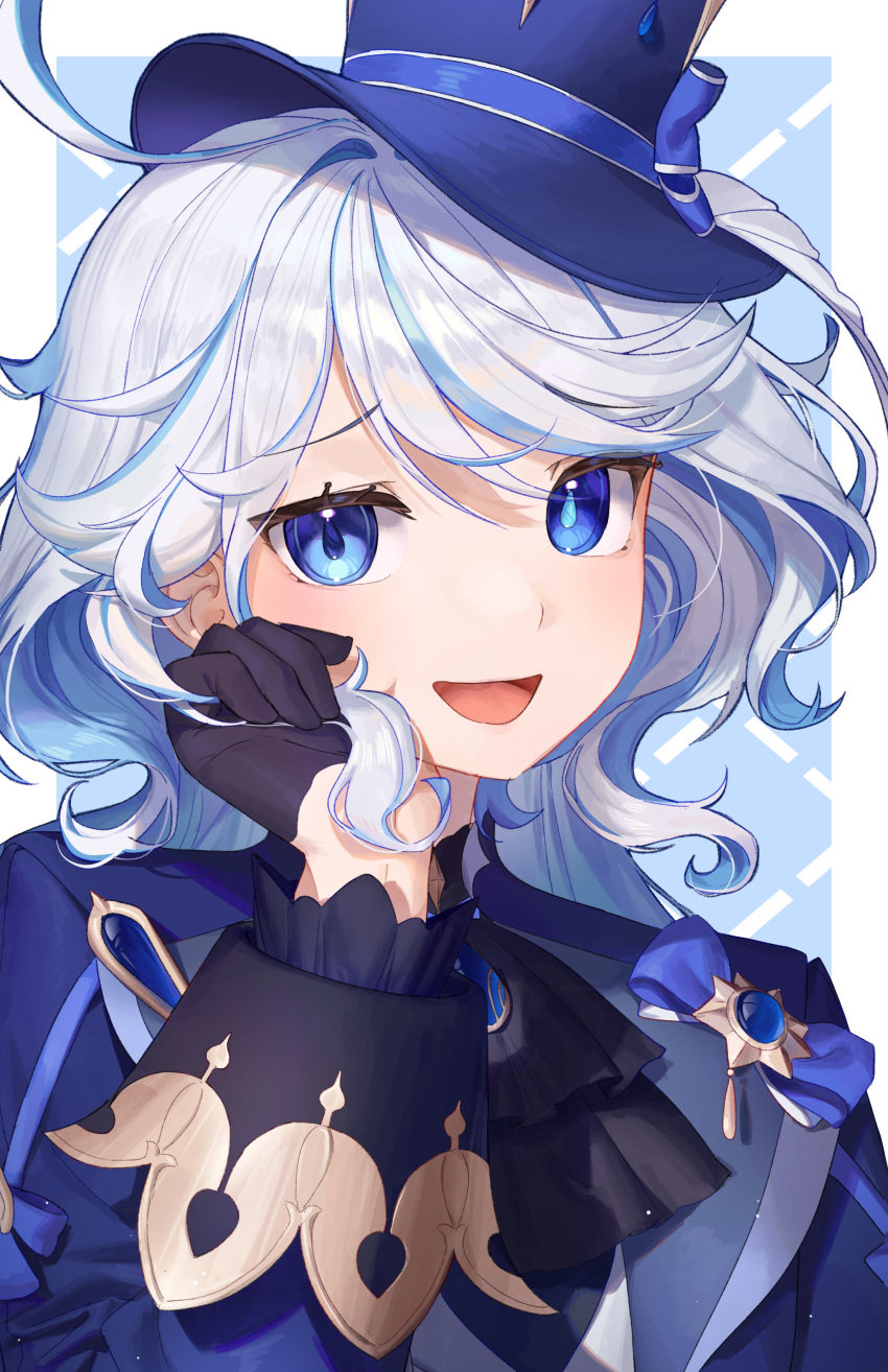 1girl absurdres ahoge ascot black_ascot black_gloves blue_eyes blue_hair blue_headwear blue_jacket chabi009 furina_(genshin_impact) genshin_impact gloves hair_between_eyes hat highres jacket long_hair long_sleeves looking_at_viewer multicolored_hair open_mouth smile solo top_hat upper_body white_hair