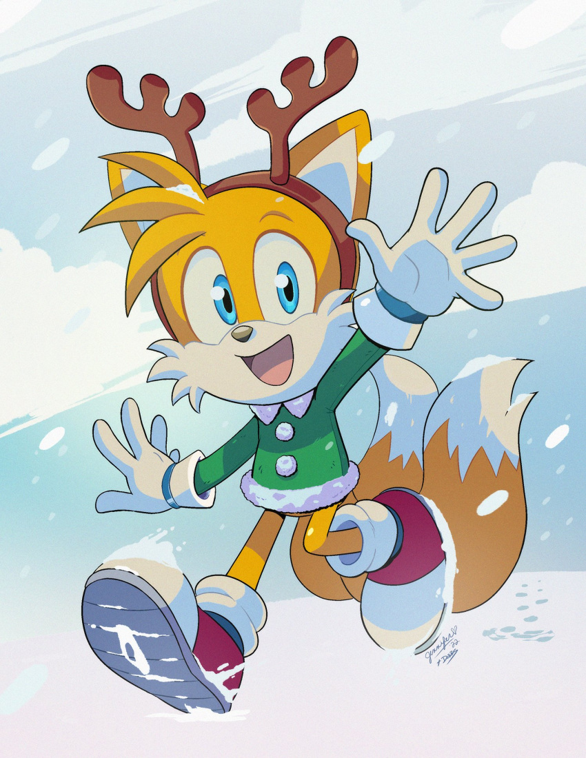 1boy antlers furry furry_male green_sweater highres jondobbsart looking_at_viewer open_mouth outdoors reindeer_antlers shoes snow solo sonic_(series) sweater tails_(sonic) waving