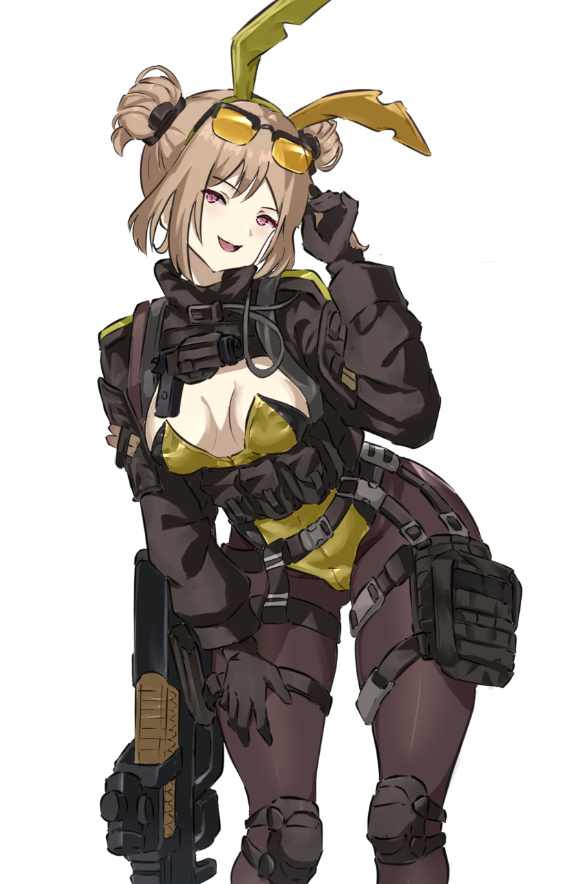 1girl adjusting_eyewear animal_ears black_gloves black_jacket black_leotard black_pantyhose blush breasts bullpup commentary double_bun eyewear_on_head fake_animal_ears girls'_frontline gloves gun hair_bun half-closed_eyes hand_on_own_thigh handgun highres jacket knee_pads leaning_forward leotard light_brown_hair long_sleeves looking_at_viewer medium_breasts mutugorou_u open_mouth p90 p90_(girls'_frontline) pantyhose playboy_bunny rabbit_ears red_eyes short_hair simple_background smile snap-fit_buckle solo submachine_gun sunglasses tactical_playboy_bunny thigh_pouch tinted_eyewear two-tone_leotard weapon white_background yellow-tinted_eyewear yellow_leotard