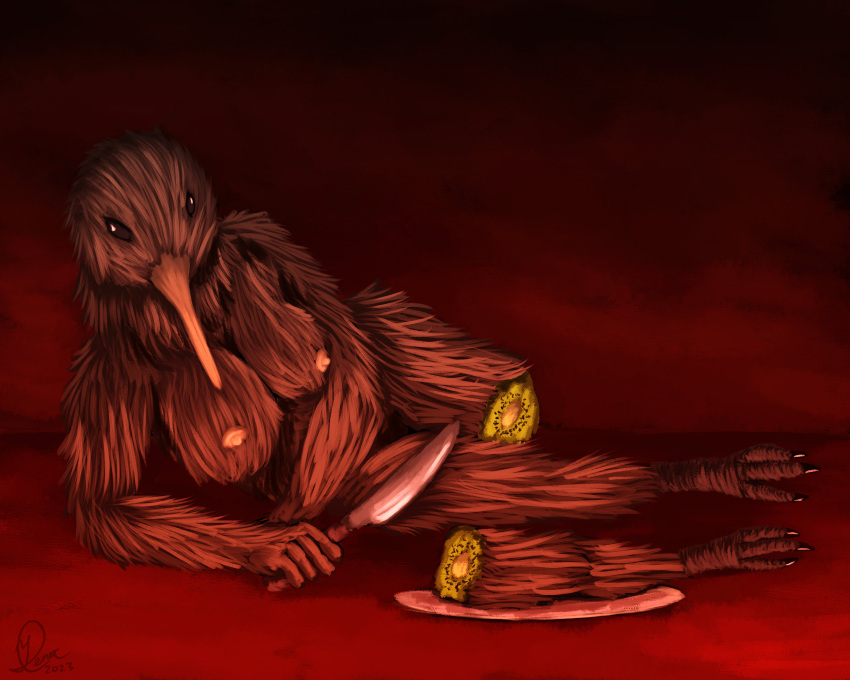 absurd_res amputee anthro avian bird birdtember breasts disability female food food_gore fruit hi_res kiwi_(bird) kiwifruit knife long_beak lying nipples on_side plant plate ratite red_lighting simple_background solo yenocwolf