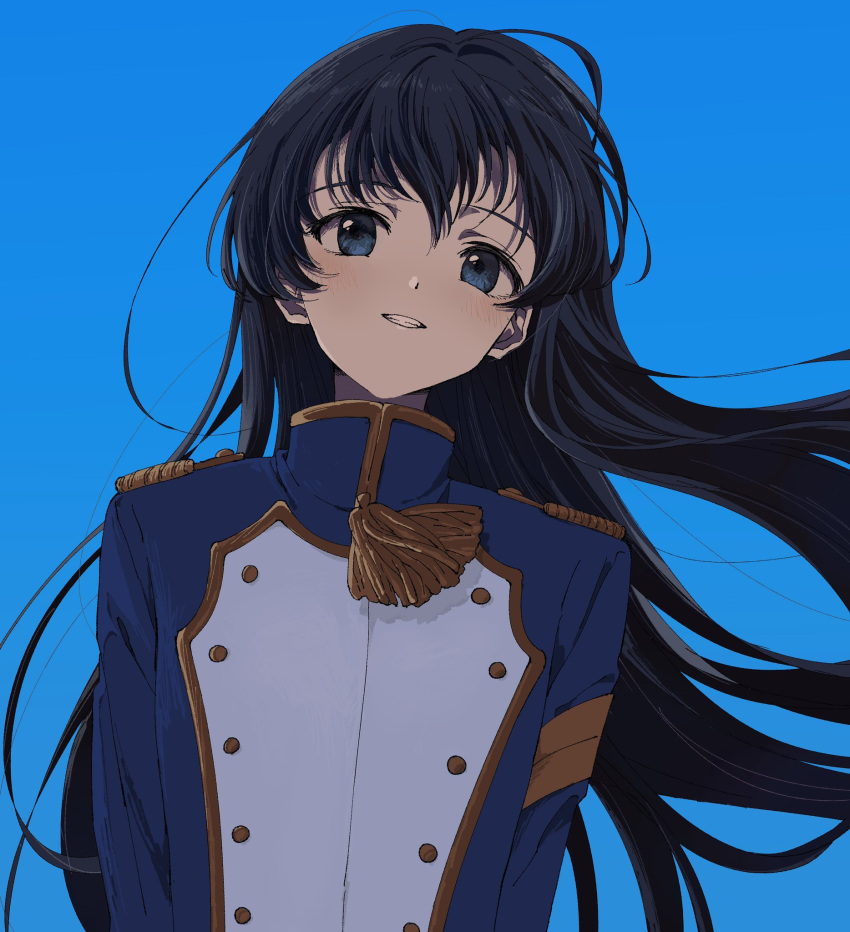 1girl arms_at_sides black_hair blue_background blue_eyes blue_jacket buttons epaulettes floating_hair gradient_background grin hair_between_eyes highres jacket kagura_hikari long_hair long_sleeves looking_at_viewer nori_(cheiwbciwkxbdjr) parted_lips shoujo_kageki_revue_starlight smile solo tassel upper_body very_long_hair