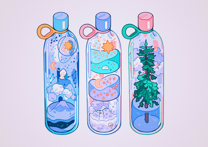 absurdres bottle cloud constellation crescent_moon floating grey_background highres liquid meyoco moon mountain no_humans original partially_immersed plant seashell shell simple_background skull snowman sparkle star_(symbol) transparent tree