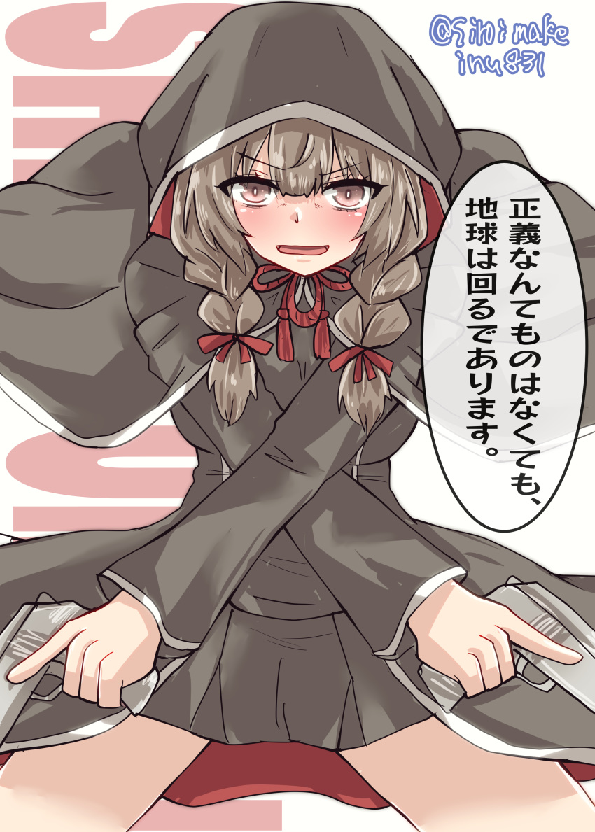 absurdres black_capelet black_dress braid breasts brown_hair capelet crossed_arms dress dual_wielding gun handgun highres holding hood hood_up hooded_capelet kantai_collection kitahama_(siroimakeinu831) large_breasts long_hair looking_at_viewer shinshuu_maru_(kancolle) smile toyoguchi_megumi twin_braids voice_actor_connection weapon