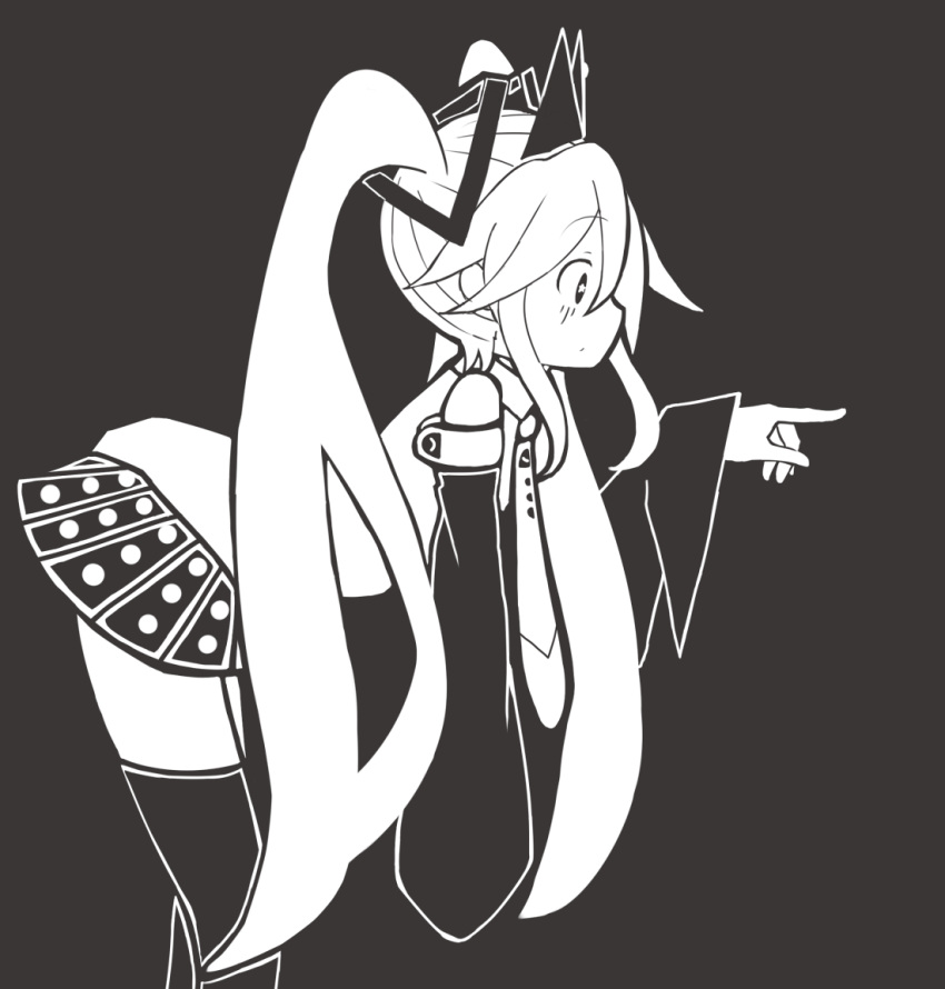1girl bare_shoulders blush crown detached_sleeves from_side hair_between_eyes hair_ornament hatsune_miku leaning_forward long_hair looking_at_viewer looking_to_the_side monochrome necktie open_mouth pleated_skirt pointing shirt skirt sleeves_past_fingers sleeves_past_wrists solo spotted_skirt star-shaped_pupils star_(symbol) symbol-shaped_pupils thighhighs tsunotsuki_(uguisu_maccha) twintails very_long_hair vocaloid zettai_ryouiki