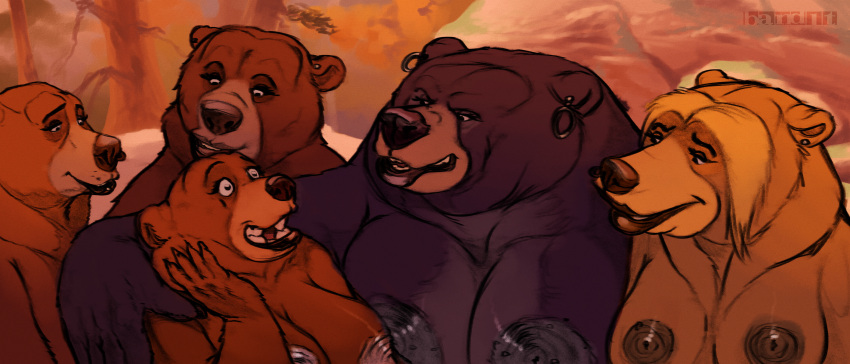 21:9 absurd_res anthro areola band1tnsfw bear big_areola big_nipples brother_bear brother_bear_(character) crossgender digital_media_(artwork) disney ear_piercing ear_ring eyelashes female female_anthro female_focus forest forest_background group group_picture hi_res kenai_(brother_bear) lips long_eyelashes looking_at_another mammal nature nature_background nipples nude nude_anthro overweight overweight_anthro piercing plant portrait ring_piercing thick_lips thick_thighs tree tug_(brother_bear)