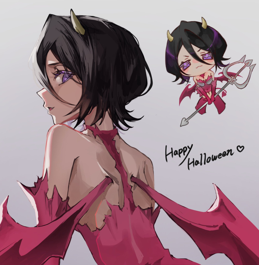 1girl black_hair bleach chibi chibi_inset demon_girl demon_horns demon_wings dress elbow_gloves gloves happy_halloween highres holding holding_pitchfork horns kuchiki_rukia pink_dress pink_gloves pitchfork purple_eyes short_hair solo ui_1231 wings