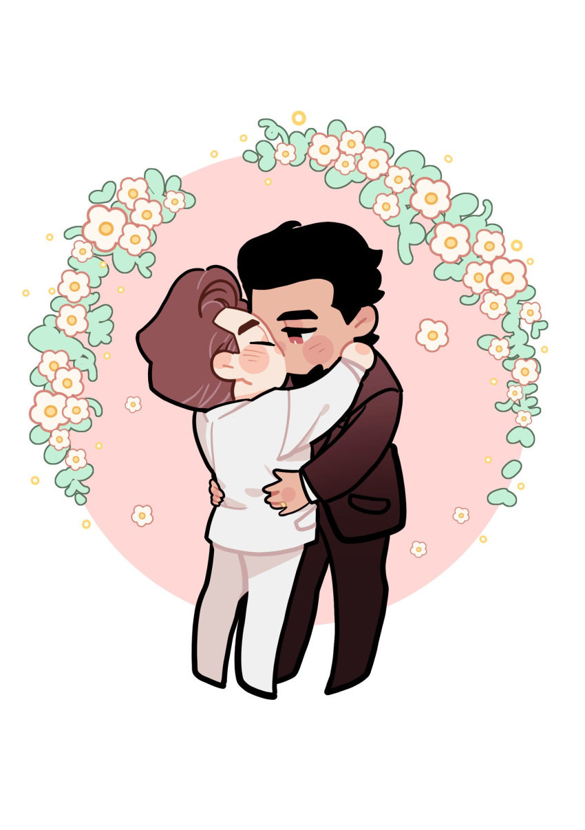 2boys blush blush_stickers brown_hair brown_suit closed_eyes dark-skinned_male dark_skin deformed ear_blush floral_background full_body half-closed_eyes hands_on_another's_hips head_on_another's_shoulder highres husband_and_husband kiss loki2728 male_focus marvel mature_male miguel_o'hara multiple_boys peter_b_parker short_hair spider-man:_across_the_spider-verse spider-man_(series) standing suit thick_eyebrows white_suit yaoi