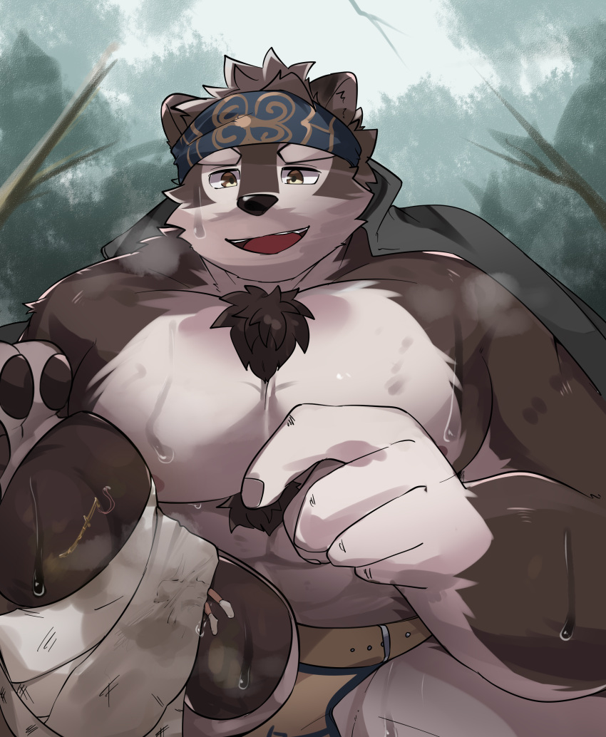 abs absurd_res anthro asian_clothing bandanna bodily_fluids brown_body brown_fur brown_hair byeol_iii131 canid canine canis chest_tuft clothing duo east_asian_clothing feet foot_focus foot_wraps forest fur gakuran hair hi_res hindpaw horkeu_kamui_(tas) human japanese_clothing japanese_school_uniform kerchief lifewonders male mammal micro muscular muscular_male paws pecs plant school_uniform sweat tokyo_afterschool_summoners tree tuft uniform white_body white_eyes white_fur white_hair wolf wraps
