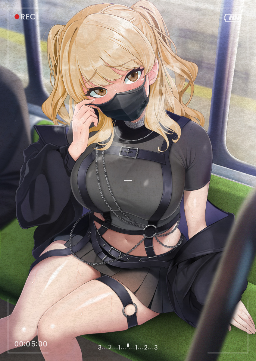 1girl absurdres battery_indicator black_jacket black_mask black_panties black_shirt black_skirt blonde_hair blush breasts breath brown_eyes chain chest_harness crop_top cropped_shirt crosshair gegegeteikoku harness highres jacket large_breasts leather_belt long_hair looking_at_viewer mask miniskirt mouth_mask navel nijisanji o-ring o-ring_thigh_strap official_alternate_costume official_alternate_hairstyle open_clothes open_jacket panties pleated_skirt recording shirt short_sleeves silver_choker sister_cleaire sister_cleaire_(9th_costume) sitting skirt solo_focus thigh_strap thighs train_interior two_side_up underwear virtual_youtuber window