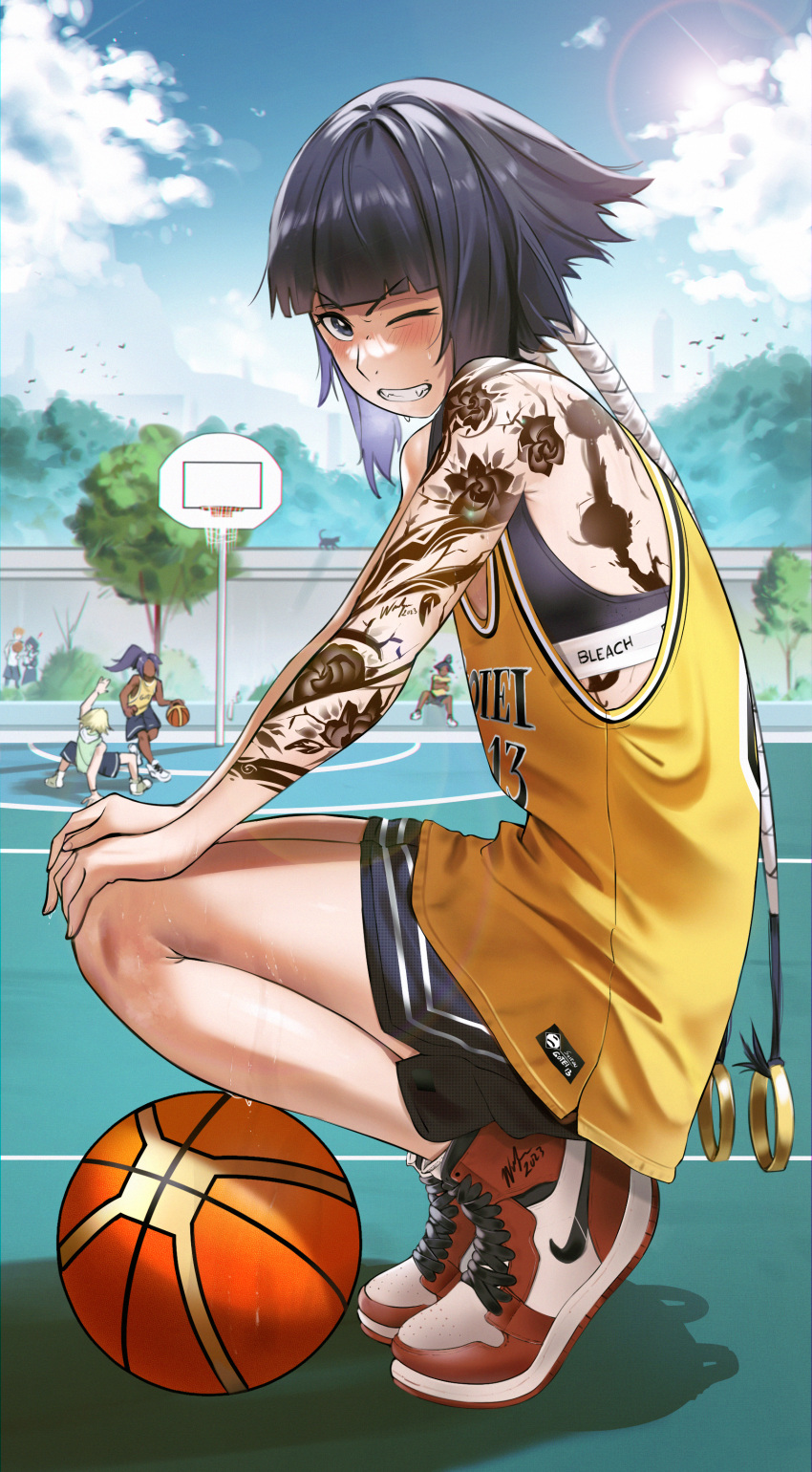 2boys 3girls absurdres arm_tattoo ball basketball basketball_(object) basketball_court black_eyes black_hair black_shorts black_sports_bra bleach cat character_request grin highres hoshimiya_ichigo kuchiki_rukia multiple_boys multiple_girls nike one_eye_closed shihouin_yoruichi shoes short_hair_with_long_locks shorts smile sneakers solo_focus sports_bra sportswear squatting sui-feng sun tattoo teeth tomboy waligner