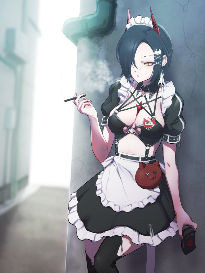 1girl absurdres alley apron azur_lane black_hair black_thighhighs breasts cat_hair_ornament cigarette cross hair_ornament hair_over_one_eye hairclip hand_up highres holding holding_cigarette horns iron_cross large_breasts maid maid_apron maid_headdress o-ring o-ring_top official_alternate_costume outdoors parted_lips red_horns red_nails short_hair short_sleeves siratori_(yy_203) smoking solo thighhighs ulrich_von_hutten_(azur_lane) ulrich_von_hutten_(mayhem_maid)_(azur_lane) waist_apron x_hair_ornament yellow_eyes