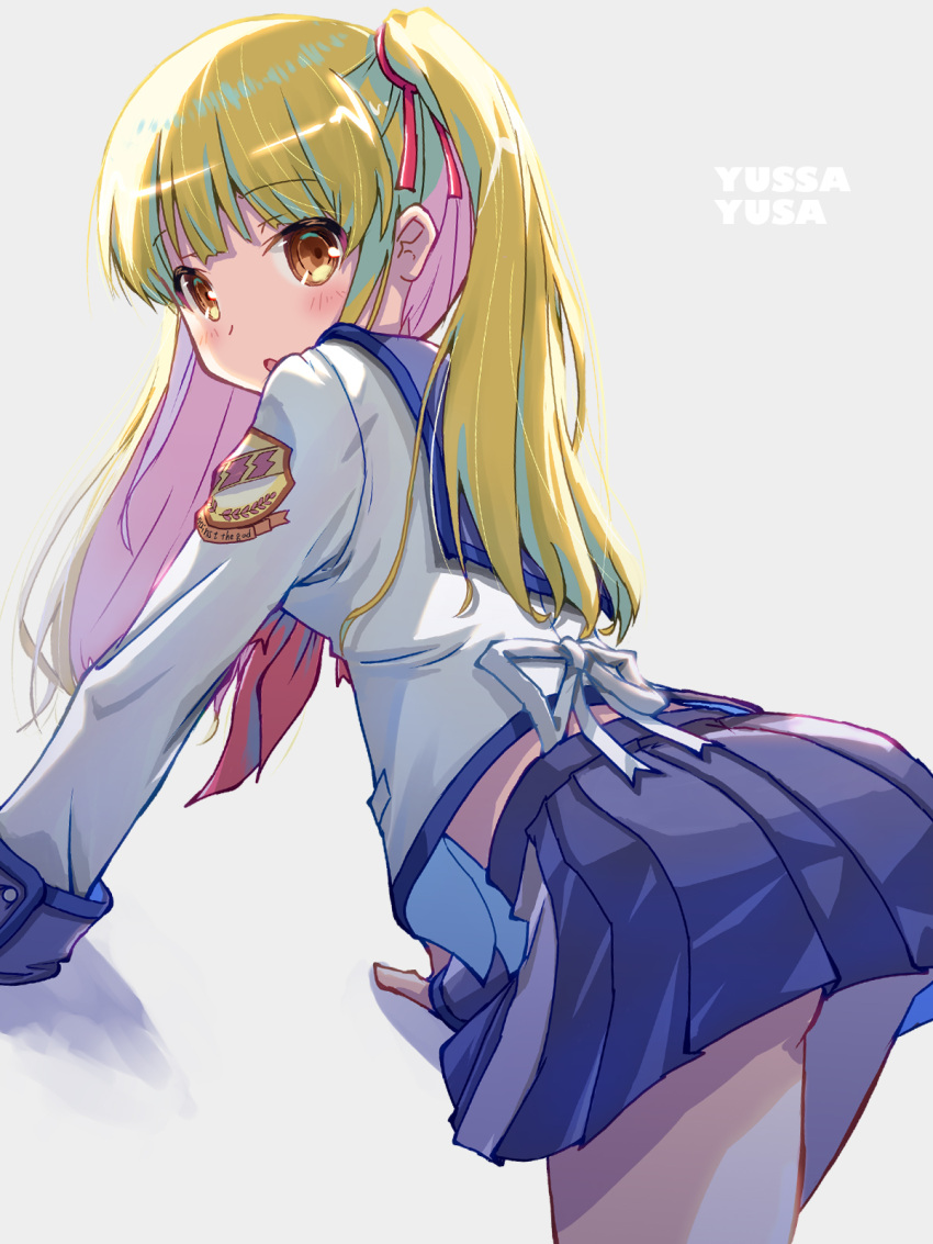 1girl :o akayama_yukihe all_fours angel_beats! blonde_hair blue_sailor_collar blue_skirt blunt_bangs blush character_name commentary_request dutch_angle eyes_visible_through_hair from_behind grey_background hair_ribbon hair_spread_out highres long_hair long_sleeves looking_at_viewer looking_back miniskirt neckerchief open_mouth orange_eyes pink_neckerchief pleated_skirt red_ribbon ribbon sailor_collar shinda_sekai_sensen_uniform shirt sidelighting simple_background skirt solo straight_hair twintails white_ribbon white_shirt yusa_(angel_beats!)