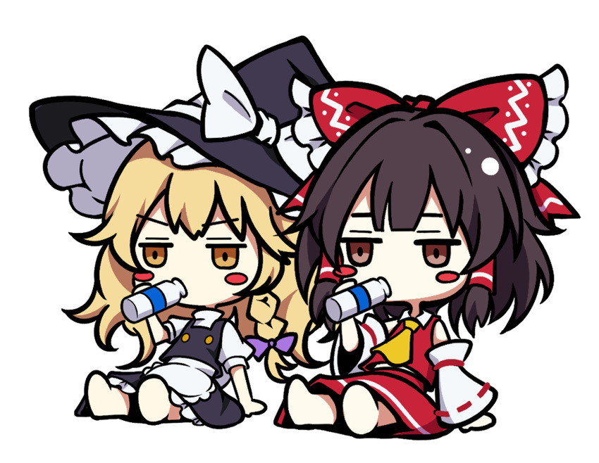 2girls ascot barefoot blonde_hair blush_stickers bottle bow braid brown_eyes brown_hair buttons chibi detached_sleeves drinking frilled_bow frills hair_bow hair_ribbon hair_tubes hakurei_reimu hat hat_bow highres holding holding_bottle japanese_clothes jitome kirisame_marisa long_hair medium_hair miko milk milk_bottle multiple_girls no_sclera nontraditional_miko red_bow red_skirt ribbon ribbon-trimmed_sleeves ribbon_trim simple_background single_braid sitting skirt skirt_set touhou white_background white_bow wide_sleeves witch_hat yamanakaume yellow_ascot yellow_eyes