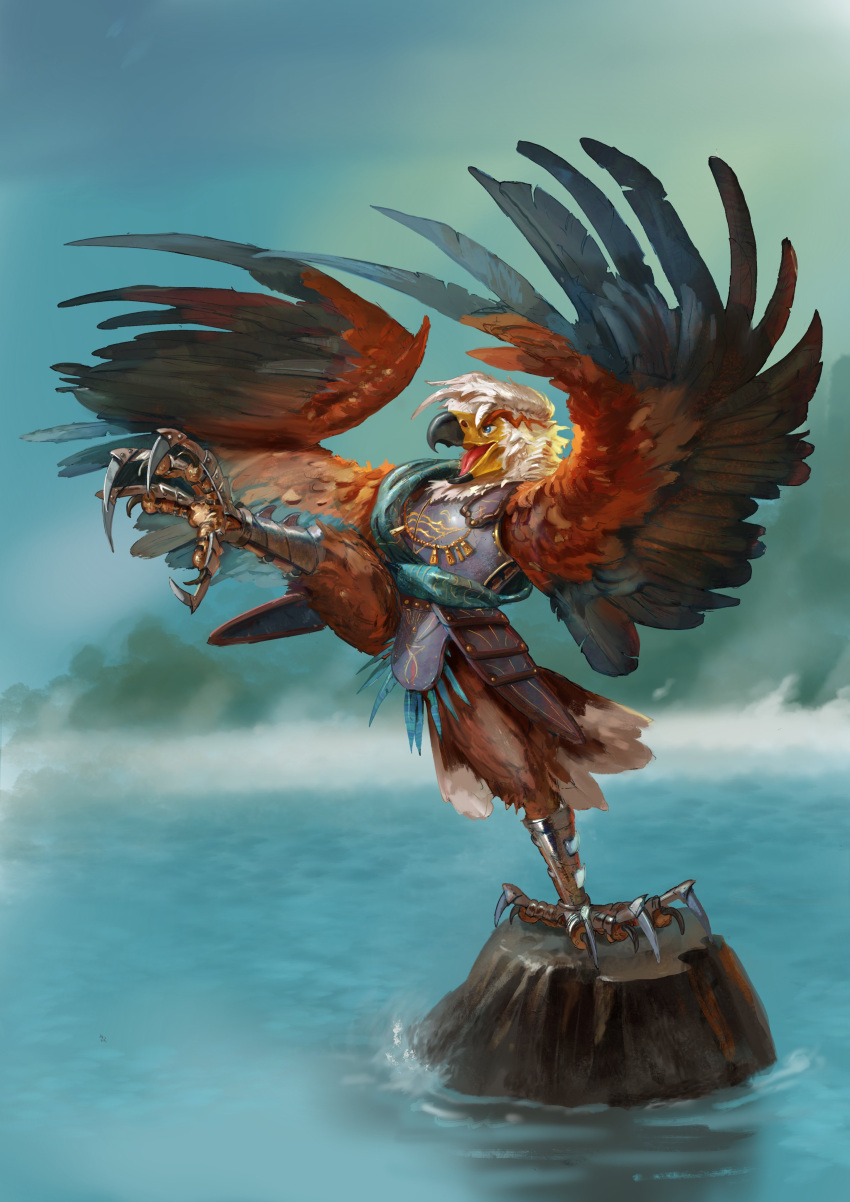 aarakocra_(dnd) absurd_res accipitrid accipitriform african_sea_eagle anthro armor avian beak bird black_beak brown_body brown_feathers claws day digital_media_(artwork) digital_painting_(artwork) dungeons_and_dragons eagle feathers hasbro head_markings hi_res kick looking_ahead male markings multicolored_beak multicolored_body multicolored_feathers nature outside raised_leg rock sea_eagle searl sky solo talons two_tone_body water white_body white_feathers wilhallett_art wings wizards_of_the_coast yellow_beak