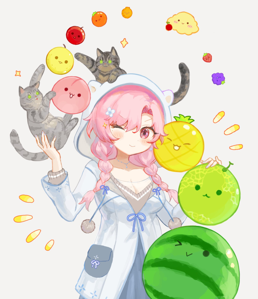 1girl animal animal_ears apple blue_bow blush bow braid breasts cat cat_ears cherry closed_mouth dekopon_(fruit) dress emphasis_lines flower food fruit grapes hair_flower hair_ornament highres hood indie_virtual_youtuber melon nini_yuuna one_eye_closed parted_bangs peach pear persimmon pineapple pink_eyes pink_hair pom_pom_(clothes) simple_background smile spacelongcat star_(symbol) strawberry suika_game twin_braids watermelon white_background white_dress