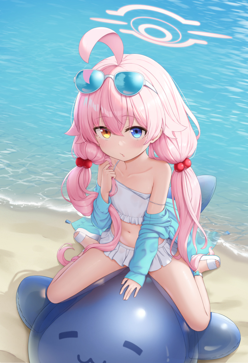 1girl ahoge beach bikini blue-tinted_eyewear blue_archive blue_eyes blue_jacket breasts cementite collarbone commentary_request eyewear_on_head frilled_bikini frills full_body hair_between_eyes hair_bobbles hair_ornament halo heterochromia highres hoshino_(blue_archive) hoshino_(swimsuit)_(blue_archive) inflatable_toy inflatable_whale jacket long_hair long_sleeves looking_at_viewer low_twintails navel ocean official_alternate_costume parted_lips pink_hair pink_halo playing_with_own_hair sand sandals sitting sleeves_past_wrists small_breasts solo strap_slip sunglasses swimsuit tinted_eyewear toes twintails very_long_hair white-framed_eyewear white_bikini yellow_eyes