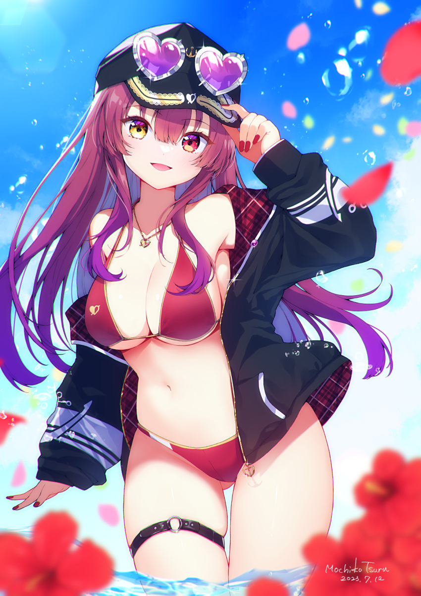 1girl 2023 :d ass_visible_through_thighs baseball_cap bikini black_headwear black_jacket blue_sky blurry blurry_foreground breasts brown_hair cleavage cowboy_shot dated day eyewear_on_headwear floating_hair flower hair_between_eyes hat heart heart-shaped_eyewear heterochromia hibiscus highres hololive houshou_marine houshou_marine_(4th_costume) jacket jewelry large_breasts long_hair long_sleeves looking_at_viewer mochiko_tsuru nail_polish open_clothes open_jacket outdoors pendant purple-tinted_eyewear red_bikini red_eyes red_flower red_nails sideboob signature skindentation sky smile solo standing sunglasses swimsuit thigh_gap thigh_strap tinted_eyewear underboob very_long_hair virtual_youtuber wading yellow_eyes