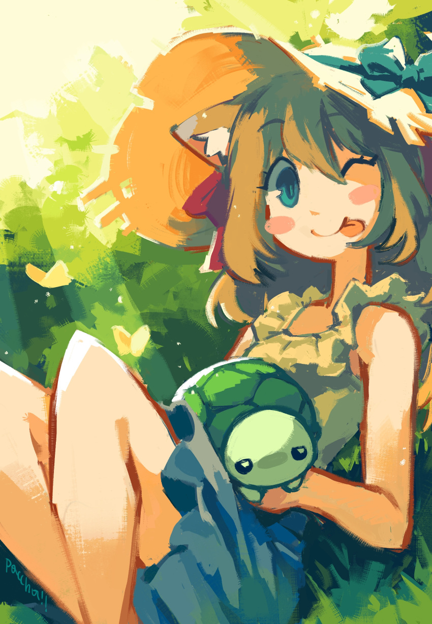 1girl :p absurdres animal_ear_fluff animal_ears animal_on_lap artist_name bare_shoulders bloom blouse blue_eyes blue_skirt blush_stickers brown_hair bug butterfly cat_ears feet_out_of_frame frilled_shirt frills grass green_ribbon hair_ribbon hands_on_lap hat hat_ribbon highres indie_virtual_youtuber knees_up light_particles light_rays long_hair looking_at_viewer lying neuro-sama on_back on_ground on_lap one_eye_closed outdoors pasharuu red_ribbon ribbon shirt skirt sleeveless smile straw_hat sunbeam sunlight tongue tongue_out turtle two_side_up vedal987 virtual_youtuber white_shirt