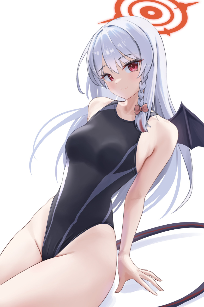 1girl absurdres alternate_costume arm_support bare_shoulders black_one-piece_swimsuit blue_archive bow braid breasts closed_mouth competition_swimsuit demon_tail demon_wings grey_hair hair_bow halo haruna_(blue_archive) highres long_hair looking_at_viewer medium_breasts one-piece_swimsuit pink_bow red_eyes red_halo rinrasetsu side_braid simple_background single_braid single_wing sitting smile solo split_mouth swimsuit tail two-tone_swimsuit white_background wings