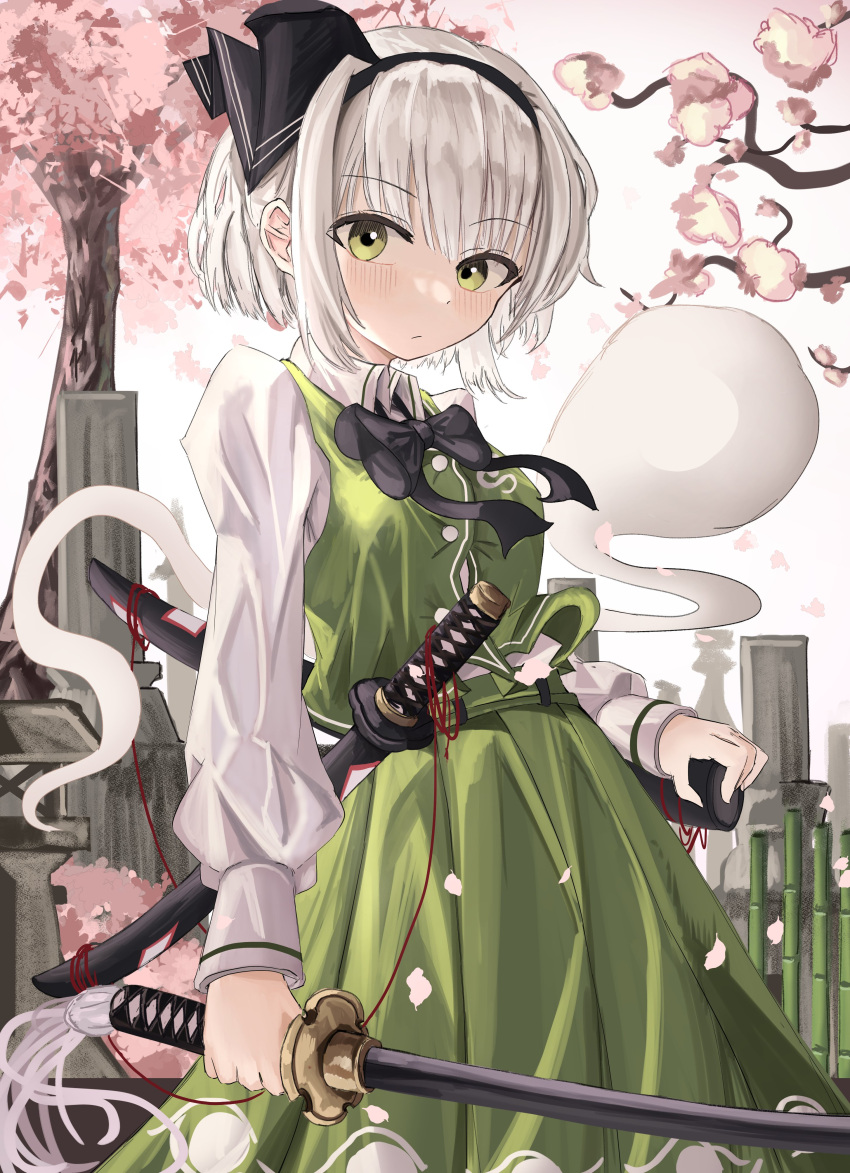 1girl :/ absurdres bamboo black_bow black_bowtie black_hairband black_ribbon blush bow bow_hairband bowtie breasts cherry_blossoms closed_mouth collared_shirt commentary english_commentary falling_petals ghost green_eyes green_skirt green_vest hair_ribbon hairband hand_on_sheath highres hitodama_print holding holding_sword holding_weapon katana konpaku_youmu konpaku_youmu_(ghost) long_sleeves looking_at_viewer multiple_swords ougiikun petals puffy_long_sleeves puffy_sleeves revision ribbon sheath sheathed shirt short_hair sidelocks skirt skirt_set small_breasts solo stone_lantern sword tassel tombstone touhou unsheathed vest vest_lift wakizashi weapon white_hair white_shirt wing_collar