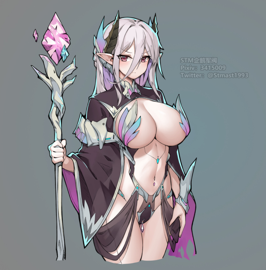 1girl breasts center_opening cropped_legs grey_background grey_hair hair_between_eyes highres holding holding_staff horns large_breasts navel original pointy_ears revealing_clothes rimworld shrug_(clothing) simple_background solo staff stmast