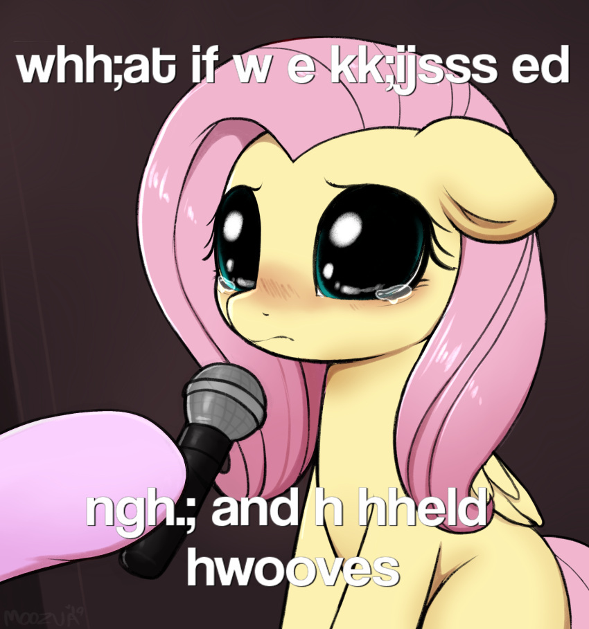 absurd_res ambiguous_gender big_pupils blush bodily_fluids broken_english crying_cat dilated_pupils duo english_text equid equine female feral fluttershy_(mlp) friendship_is_magic fur glistening glistening_eyes hair hasbro hi_res holding_microphone holding_object image_macro inside interview mammal meme microphone moozua mostly_offscreen_character my_little_pony pegasus pink_hair pupils signature solo_focus tears text wings yellow_body yellow_fur