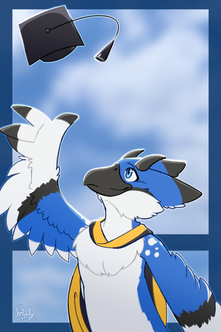 2023 anthro avian blue_body blue_eyes blue_fur clothing cloud feather_hands feathers fur gloves_(marking) graduation graduation_cap gryphon hat headgear headwear hi_res horn idem_(character) jintally male markings masters_hood mythological_avian mythology outside signature solo spots square_academic_cap white_body