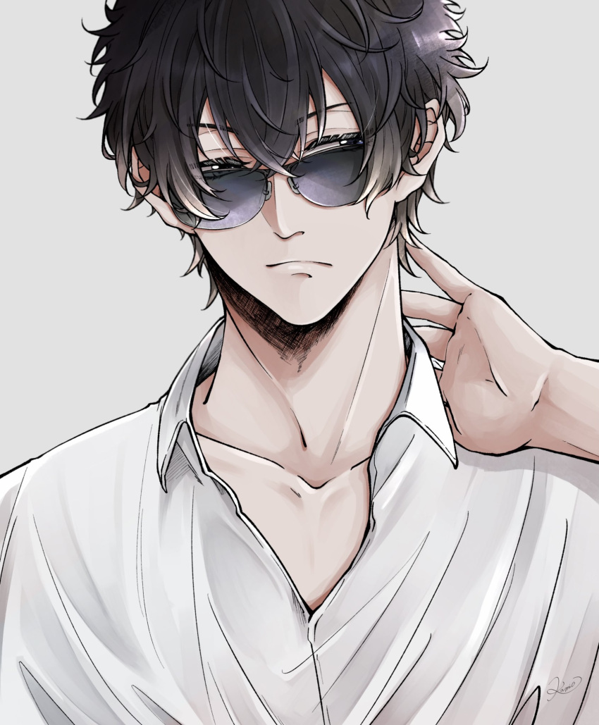 1boy brown_hair closed_mouth collarbone collared_shirt frown hair_between_eyes hand_up highres long_hair looking_to_the_side male_focus matsuda_jinpei meitantei_conan shirt simple_background solo sunglasses syarara23 upper_body white_background white_shirt