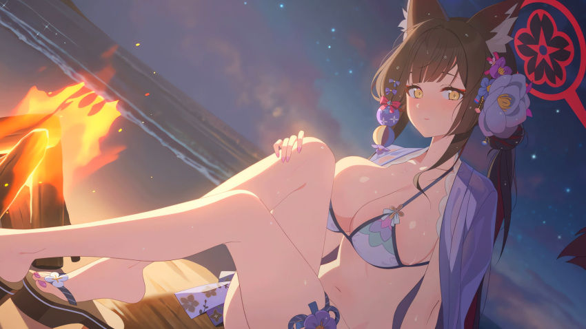 1girl animal_ear_fluff animal_ears artist_request bare_legs bead_bracelet beads bikini blue_archive blush bracelet breasts brown_hair brown_tail campfire cleavage closed_mouth cloud commentary dutch_angle flower fox_ears fox_girl fox_tail from_below game_cg hair_ornament halo halterneck highres jewelry kanzashi large_breasts legs long_hair looking_afar mountainous_horizon multicolored_hair night night_sky non-web_source official_alternate_costume official_art outdoors red_eyeliner red_hair sidelocks sitting sky smile solo star_(sky) starry_sky streaked_hair swimsuit symbol-only_commentary tail tail_flower tail_ornament thigh_strap thighs two-tone_hair wakamo_(blue_archive) wakamo_(swimsuit)_(blue_archive) water