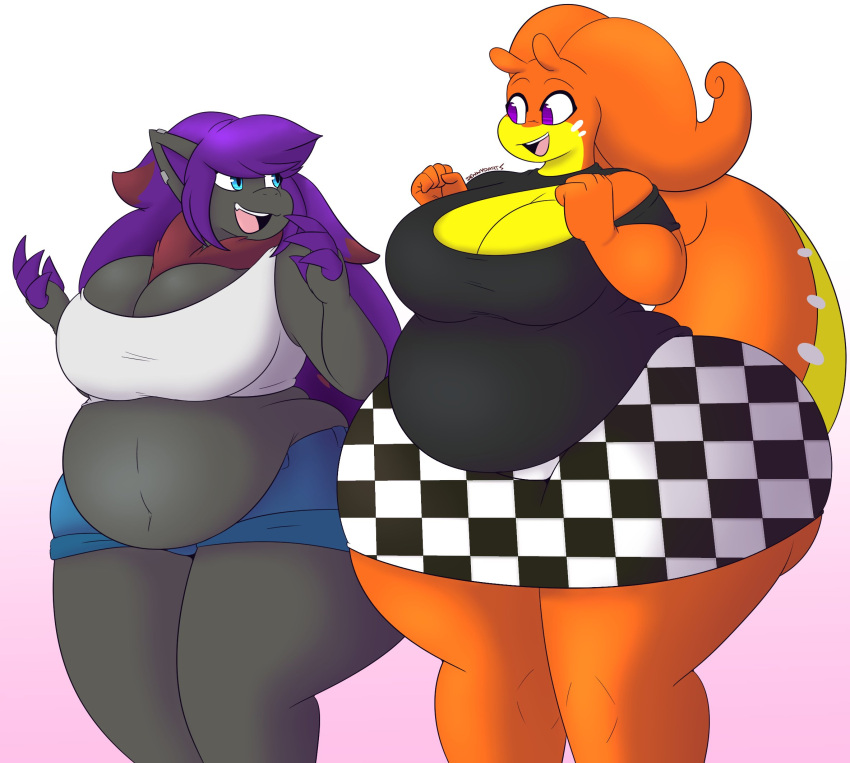 2021 4_fingers 5_fingers anthro belly big_belly big_breasts black_clothing black_shirt black_topwear blue_bottomwear blue_clothing blue_eyes blue_shorts bottomwear breasts candy_(maxwell_grimclaw) checkered_clothing claws cleavage clothed clothing dewwydarts duo female fingers fur generation_5_pokemon generation_6_pokemon goodra gradient_background grey_body grey_fur hair hi_res looking_at_another male maxciene_grimclaw multicolored_body neck_tuft nintendo open_mouth orange_body overweight overweight_anthro overweight_male pattern_clothing pokemon pokemon_(species) purple_claws purple_eyes purple_hair shiny_pokemon shirt shorts simple_background skirt standing thick_thighs topwear tuft two_tone_body white_clothing white_shirt white_topwear wide_hips yellow_body zoroark