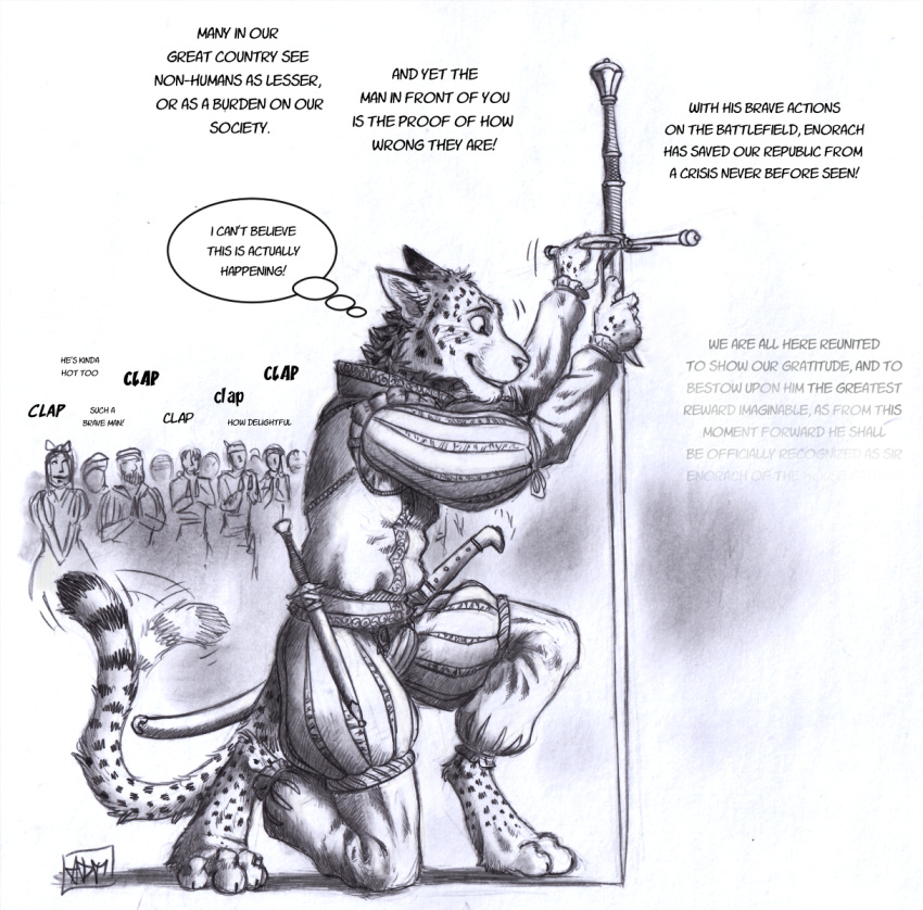 0laffson anthro biped cheetah clothed clothing english_text enorach_(0laffson) felid feline fur group hi_res human male mammal melee_weapon monochrome paws solo_focus spots spotted_body spotted_fur sword tail text thought_bubble weapon zweihander