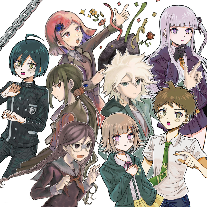 3boys 5girls ahoge black_gloves black_jacket black_pants black_ribbon black_sailor_collar blunt_bangs blush bob_cut braid breast_pocket brown_hair collared_shirt danganronpa:_trigger_happy_havoc danganronpa_(series) danganronpa_2:_goodbye_despair danganronpa_v3:_killing_harmony dress_shirt flower fukawa_toko glasses gloves green_necktie hair_ribbon harukawa_maki hat highres hinata_hajime holding holding_clothes holding_hat jacket kagakuna_mike_moto kirigiri_kyoko komaeda_nagito long_hair long_sleeves medium_hair miniskirt mole mole_under_eye multiple_boys multiple_girls nanami_chiaki neckerchief necktie open_clothes open_jacket orange_necktie pants pink_eyes pleated_skirt pocket purple_jacket purple_skirt red_eyes red_flower red_hair red_neckerchief red_rose red_scrunchie red_shirt ribbon rose round_eyewear saihara_shuichi sailor_collar scrunchie shirt short_hair side_braid sideways_glance single_braid skirt smile spaceship_hair_ornament striped striped_jacket striped_pants twin_braids twintails two-tone_shirt white_shirt witch_hat yumeno_himiko