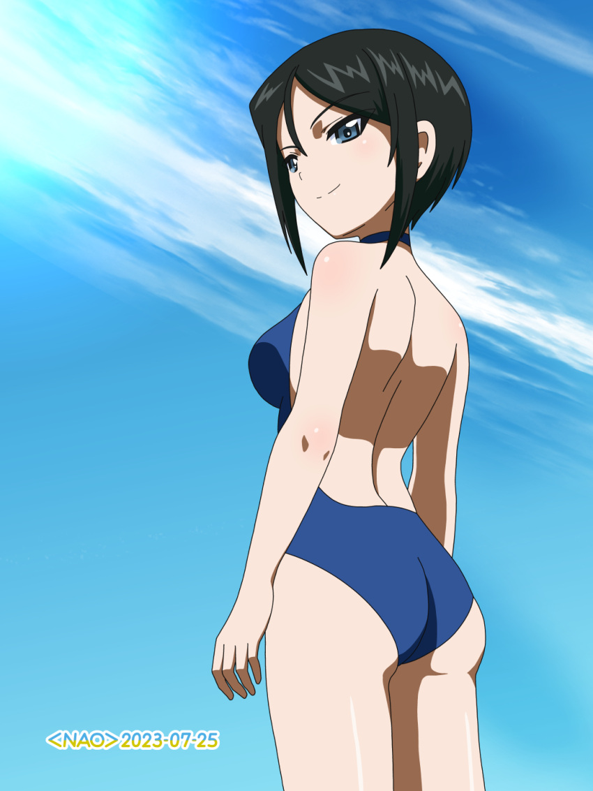 1girl ass black_hair blue_eyes blue_one-piece_swimsuit blush breasts chouno_ami closed_mouth dated girls_und_panzer highres medium_breasts naotosi one-piece_swimsuit outdoors short_hair shoulder_blades signature sky smile solo standing swimsuit