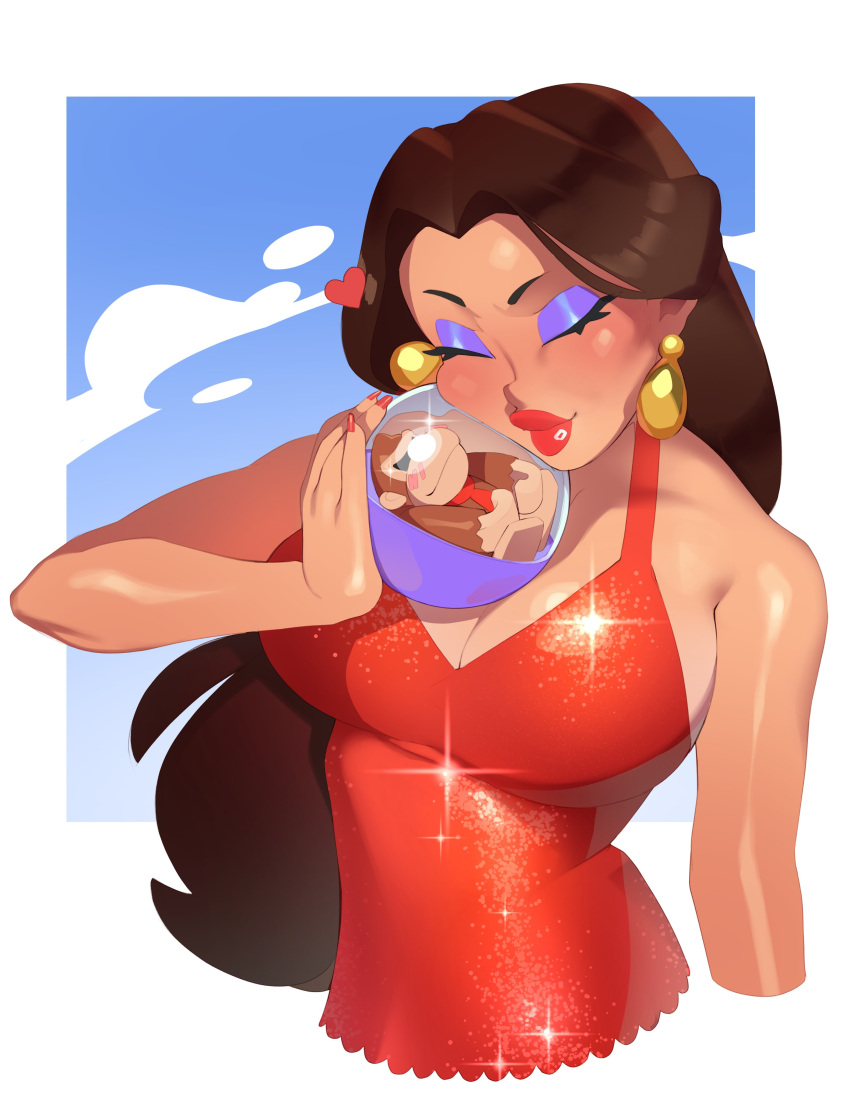 1girl absurdres bare_arms bare_shoulders blue_background blush breasts brown_hair cheek_press cleavage closed_eyes closed_mouth combos_&amp;_doodles cropped_torso donkey_kong_(series) dress earrings eyelashes eyeshadow fingernails gashapon gold_earrings heart highres jewelry large_breasts lips lipstick long_fingernails long_hair makeup mario_(series) mario_vs._donkey_kong mario_vs._donkey_kong_2:_march_of_the_minis mini_donkey_kong nail_polish nose pauline_(mario) purple_eyeshadow red_dress red_lips red_nails shiny_skin sleeveless sleeveless_dress smile solo sparkle thick_lips toy upper_body white_background