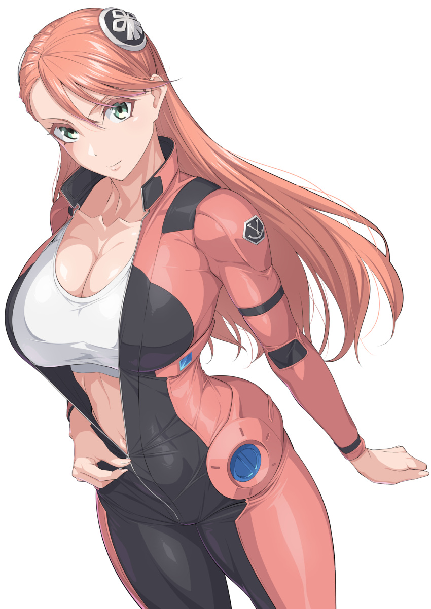 1girl aida_rayhunton black_bodysuit bodysuit breasts cleavage closed_mouth collarbone commentary_request commission cowboy_shot green_eyes gundam gundam_g_no_reconguista hair_between_eyes hair_ornament highres large_breasts long_hair looking_at_viewer navel orange_bodysuit orange_hair ozaneko pilot_suit sidelocks simple_background skeb_commission solo sports_bra standing stomach swept_bangs two-tone_bodysuit unzipping white_background white_sports_bra zipper_pull_tab