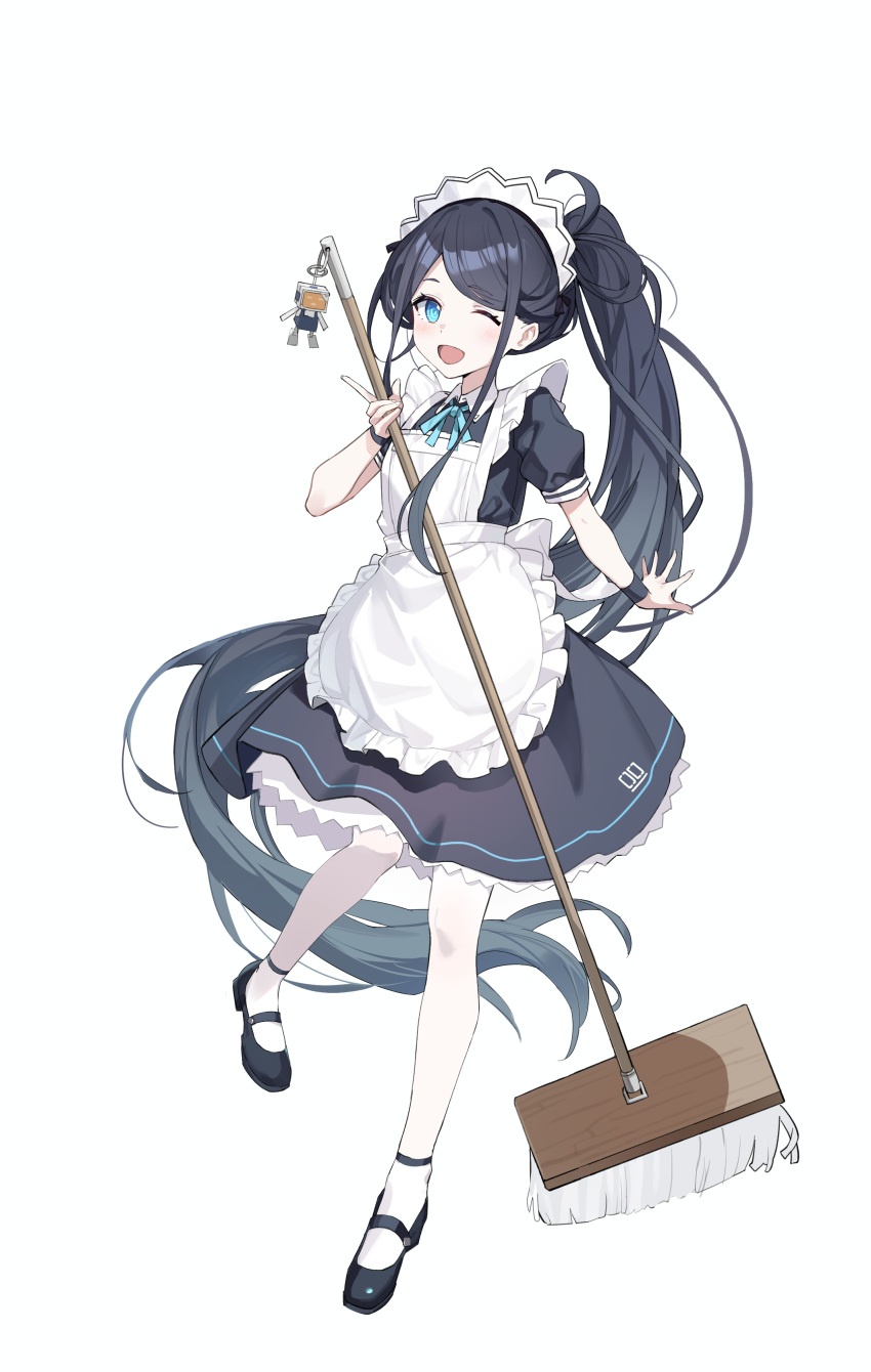 &lt;key&gt;_(robot)_(blue_archive) 1girl ;d absurdly_long_hair absurdres apron aris_(blue_archive) aris_(maid)_(blue_archive) black_hair blue_archive blue_bow blue_bowtie blue_eyes bow bowtie chenmu_sora commentary forehead frilled_apron frills full_body halo highres holding holding_mop long_hair looking_at_viewer maid maid_headdress mop official_alternate_costume official_alternate_hairstyle one_eye_closed parted_bangs short_sleeves side_ponytail sidelocks simple_background smile solo standing standing_on_one_leg very_long_hair white_apron white_background wristband