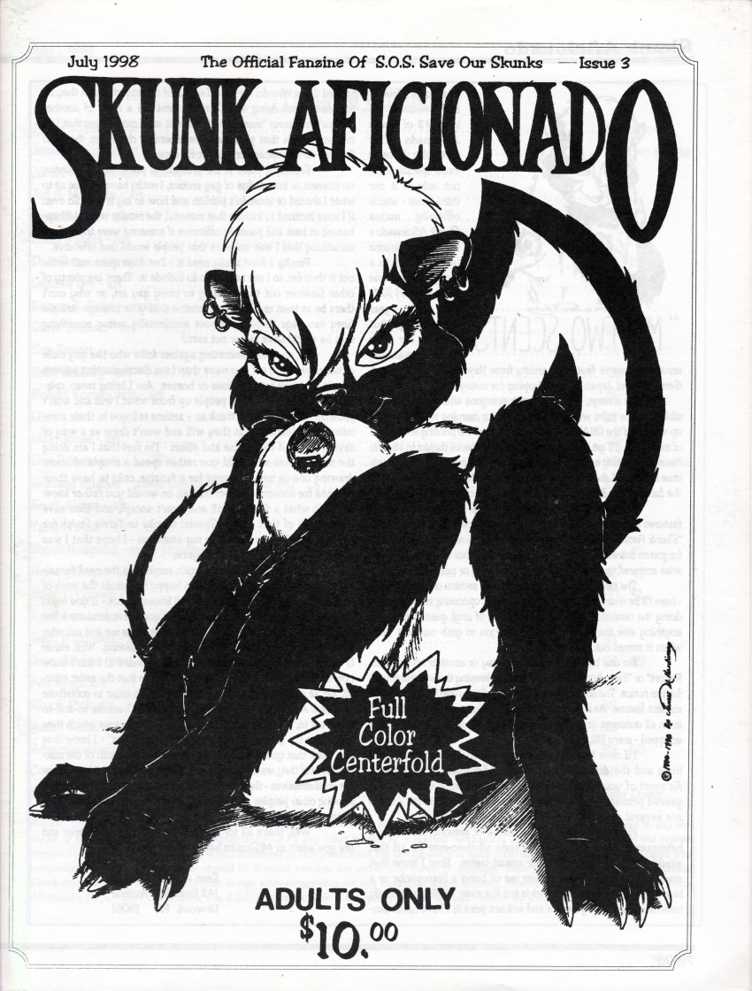 1998 4_toes absurd_res anthro barefoot biped black_body black_fur breasts censored censored_genitalia claws ear_piercing feet female fur hair hi_res james_m_hardiman long_hair looking_at_viewer mammal mephitid nipple_piercing nipples onyx_(jmh) piercing skunk skunk_aficionado solo toes white_body white_fur white_hair