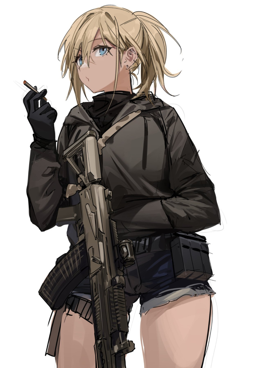 1girl assault_rifle black_gloves black_jacket blonde_hair blue_eyes cigarette denim denim_shorts earrings gloves gun hand_in_pocket highres holding holding_cigarette jacket jewelry long_sleeves original ponytail rff_(3_percent) rifle rk62 shorts sketch smoking solo weapon white_background