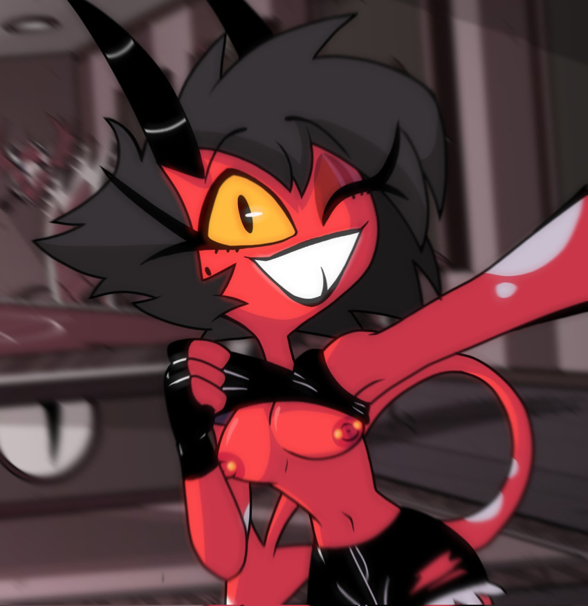 black_hair breasts clothed clothing demon demon_humanoid hair helluva_boss hi_res horn humanoid imp millie_(helluva_boss) nipple_piercing nipples one_eye_closed open_mouth open_smile partially_clothed piercing red_body simp_tale smile succubus tail