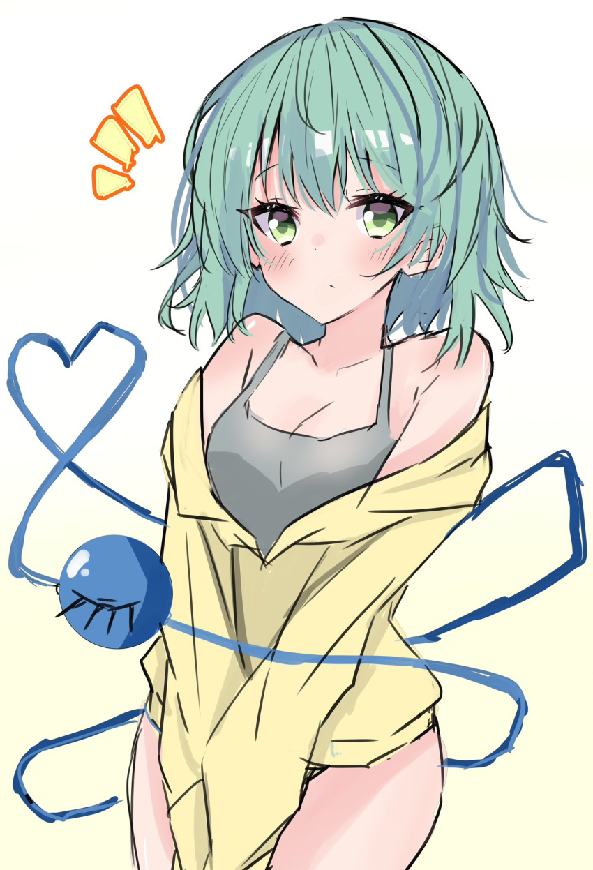 1girl aqua_hair bare_shoulders between_legs blush bottomless breasts closed_mouth collarbone cowboy_shot dutch_angle expressionless eyeball green_hair hand_between_legs heart heart_of_string highres komeiji_koishi looking_at_viewer medium_hair naked_shirt no_headwear nono54558 shirt small_breasts solo standing third_eye touhou wavy_hair white_background yellow_shirt